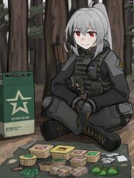 1girl absurdres black_boots black_gloves black_hair boots closed_mouth commentary commission cyrillic english_commentary field_ration forest gamryous gloves grey_hair grey_pants gun highres indian_style knee_pads military_uniform nature original outdoors pants ponytail red_eyes rifle russian_flag russian_text sitting solo tree vest weapon