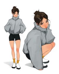 Rule 34 | 1girl, black shorts, blush, brown eyes, brown hair, full body, grey hoodie, hair bun, hand on own chin, hands in pockets, highres, hood, hood down, hoodie, looking at viewer, loose hair strand, multiple views, original, sam yang, shadow, shorts, simple background, socks, sparkling eyes, squatting, white background, yellow socks