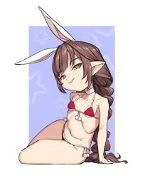 1girl animal_ears bikini braid breasts brown_hair fake_animal_ears granblue_fantasy haaselia harvin long_hair looking_at_viewer navel pointy_ears pom_pom_(clothes) rabbit_ears santa_bikini santa_costume side-tie_bikini_bottom sitting small_breasts smile solo swimsuit very_long_hair yellow_eyes yggsil