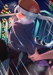 1boy 1girl absurdres blush breasts breath censored clothed_sex doggystyle gloves grey_hair hat highres kashiwagi_saki long_hair long_sleeves mosaic_censoring nekouta night nipples ongeki open_mouth outdoors public_indecency sex sex_from_behind side_ponytail skirt solo solo_focus tree yellow_eyes