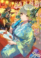 3girls aqua_hair black_gloves black_hair black_pants bottle breasts chifuin_gyai closed_eyes colored_inner_hair copyright_notice dragon_musume_ni_naritakunai! duel_masters expressionless fox_mask gloves green_hair hair_ornament hairclip hand_fan high_ponytail highres holding holding_bottle japanese_clothes kimono long_hair looking_at_viewer looking_to_the_side mask medium_hair mole mole_under_eye multicolored_hair multiple_girls nagareboshi_asche official_art open_mouth outdoors pants paper_fan ponytail print_kimono ramune saitou_naoki sava_k_zeos sitting sleeveless smile soda_bottle summer_festival uchiwa water_yoyo yellow_eyes yukata