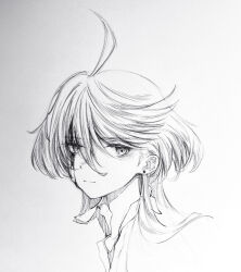 1girl absurdres ahoge blood blood_on_face chinese_commentary collared_shirt commentary_request earrings greyscale gundam gundam_suisei_no_majo highres himmel_(keine_haare) jewelry long_hair looking_at_viewer miorine_rembran monochrome portrait shirt solo stud_earrings