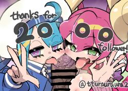 Rule 34 | 2girls, bar censor, blonde hair, blue hair, breasts, breasts out, censored, duel monster, fellatio gesture, green eyes, hat, highres, ki-sikil (yu-gi-oh!), large breasts, lil-la (yu-gi-oh!), live twin ki-sikil, live twin lil-la, milestone celebration, multiple girls, nipples, penis, pink hair, precum, purple eyes, tongue, tongue out, twintails, twitter username, urasuka, white hat, yu-gi-oh!