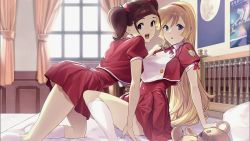 Rule 34 | 10s, 2girls, aki natsuko, ass, bed, blonde hair, blue eyes, bow, brown eyes, brown hair, cutie honey, cutie honey universe, female focus, hair bow, hairband, highres, kisaragi honey, long hair, magical girl, multiple girls, official art, open mouth, school uniform, shimotsuki eight, twintails, very long hair, yuri