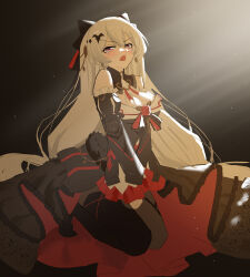 1girl absurdres bat_hair_ornament black_dress black_pantyhose breasts cleavage commentary_request crying dress earrings evil_king hair_ornament highres honkai_(series) honkai_impact_3rd jewelry large_breasts long_hair looking_at_viewer open_mouth pantyhose red_eyes seiza sitting solo theresa_apocalypse theresa_apocalypse_(luna_kindred) theresa_apocalypse_(lunar_vow:_crimson_love) very_long_hair white_hair