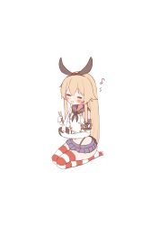 1girl absurdres black_hairband black_neckerchief black_panties blonde_hair blue_sailor_collar blue_skirt chopsticks crop_top eating elbow_gloves food gloves grey_eyes hairband highleg highleg_panties highres kantai_collection long_hair microskirt miniskirt mochi neckerchief negative_space panties pleated_skirt sailor_collar shimakaze_(kancolle) shirt simple_background skirt sleeveless sleeveless_shirt solo striped_clothes striped_thighhighs thighhighs tiemu_(man190) underwear white_background white_gloves zouni_soup
