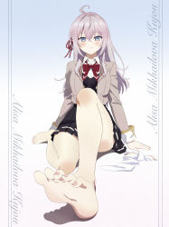1girl absurdres ahigashi_(3098644761) alisa_mikhailovna_kujou arm_support barefoot black_skirt black_vest blazer blue_background blue_eyes bow bowtie character_name closed_mouth collared_shirt commentary_request crossed_bangs cursive dated_commentary double-parted_bangs full_body gradient_background grey_jacket hair_between_eyes hair_over_shoulder hair_ribbon highres jacket jmx_(j_m_x) knee_up long_bangs long_hair long_sleeves looking_at_viewer nail_polish pink_hair pink_nails pleated_skirt presenting_foot raised_inner_eyebrows red_bow red_bowtie red_ribbon ribbon school_uniform seiren_academy_school_uniform shirt sitting skirt solo straight-on straight_hair thighhighs toenail_polish toenails tokidoki_bosotto_roshia-go_de_dereru_tonari_no_alya-san unworn_thighhighs vest wavy_mouth white_background white_shirt white_thighhighs