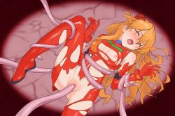 1girl artist_request ass blush bodysuit breasts brown_hair closed_eyes cowboy_shot female_orgasm gloves hair_between_eyes highres holding interface_headset_(evangelion) long_hair long_sleeves looking_at_viewer mecha_pilot_suit navel neon_genesis_evangelion nipples one_breast_out orgasm plugsuit_(evangelion) pussy red_bodysuit red_gloves restrained sex shiny_clothes shiny_skin simple_background solo souryuu_asuka_langley spread_legs tentacle_sex tentacles torn_bodysuit torn_clothes two_side_up vaginal wide_hips