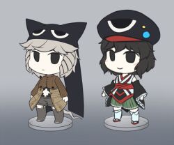 2others androgynous animal_ear_headwear animal_ears bare_shoulders beanie black_eyes black_hair black_hat black_shirt black_sleeves boots brown_sweater cabbie_hat cat_ears chibi closed_mouth clothing_cutout collared_socks colored_skin commentary_request detached_sleeves expressionless eye_of_senri fake_animal_ears faux_figurine frilled_sleeves frills gradient_background green_hakama grey_background grey_boots grey_hair grey_shorts hakama hakama_short_skirt hakama_skirt hat hat_pin japanese_clothes kimono kneehighs len&#039;en light_blush long_sleeves looking_ahead multiple_others obi other_focus red_sandals red_sash rei_(len&#039;en) ringlets sandals sash shirt shirt_under_sweater short_hair short_kimono shorts simple_background skirt sleeveless sleeveless_kimono smile socks stomach_cutout sweater tabi thigh_boots turtleneck turtleneck_sweater white_kimono white_skin white_socks wide_sleeves yuejiao_tuan zelo_(len&#039;en) zouri