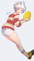 1girl absurdres ball black_shoes blue_hair highres holding holding_ball horns itou_kazuki kneehighs looking_at_viewer lum open_mouth orange_eyes red_shirt rugby_ball rugby_helmet shirt shoes short_shorts shorts simple_background socks solo striped_clothes striped_shirt two-tone_shirt urusei_yatsura white_background white_shorts yellow_horns yellow_shirt yellow_socks