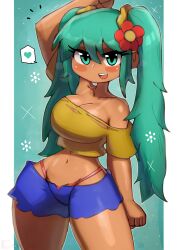 1girl absurdres aqua_eyes aqua_hair arm_up bikini_tan blue_background blue_shorts blush brazilian_miku breasts cleavage collarbone dark_skin flower hair_flower hair_ornament hatsune_miku heart highres large_breasts long_hair looking_at_viewer midriff navel off-shoulder_shirt off_shoulder open_mouth panties red_panties scrunchie shirt short_sleeves shorts smile sparkle speech_bubble spoken_heart standing tan tanline teeth thick_thighs thighs tony_welt torn_clothes torn_shirt twintails underwear vocaloid wide_hips yellow_shirt