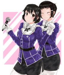 Rule 34 | 2girls, black hair, blush, breasts, brown eyes, brown hair, closed eyes, haguro (kancolle), hair bun, hair ornament, hairclip, kantai collection, karaoke, karaoke box, large breasts, long hair, microphone, multiple girls, music, myoukou (kancolle), nodokana yuki, pantyhose, short hair, siblings, singing, single hair bun, sisters, skirt, smile