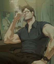 Rule 34 | 1boy, adam&#039;s apple, bara, brown hair, cowboy shot, glasses, highres, iurawaltz, looking ahead, male focus, mature male, muscular, muscular male, original, pectoral cleavage, pectorals, polo shirt, short hair, sitting, smoking, solo, thick eyebrows, tsurime