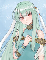 Rule 34 | 1girl, bare shoulders, blue dress, closed mouth, commentary, dress, fire emblem, fire emblem: the blazing blade, green hair, hair ribbon, hazuki (nyorosuke), highres, long hair, looking at viewer, ninian (fire emblem), nintendo, red eyes, ribbon, smile, snowflakes, solo, upper body, white ribbon
