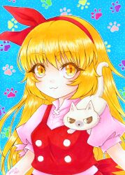 Rule 34 | 1girl, 2019, :3, absurdres, blonde hair, blue background, cat, closed mouth, dated, ellen (touhou), hair between eyes, hairband, highres, homara8524, long hair, looking at viewer, marker (medium), paw print, paw print background, pink shirt, puffy short sleeves, puffy sleeves, red hairband, red vest, shirt, short sleeves, signature, simple background, sokrates (touhou), touhou, touhou (pc-98), traditional media, upper body, vest, white cat, yellow eyes