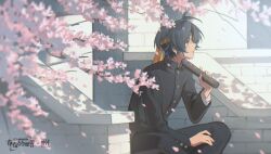 1boy asaba_harumasa black_hair black_jacket black_pants branch brick_wall cherry_blossoms diploma_tube falling_petals flower gakuran goufan graduation headband highres jacket long_sleeves pants petals pink_flower running_bond school_uniform sitting solo spring_(season) watermark yellow_eyes yellow_headband zenless_zone_zero
