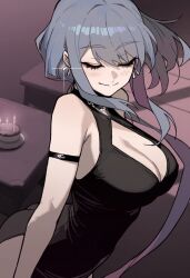 1girl arm_strap black_dress blush breasts cake candle cleavage cleavage_cutout closed_eyes closed_mouth clothing_cutout dress earrings floating_hair food glint grey_hair hair_between_eyes halter_dress halterneck highres indoors jewelry large_breasts long_hair necklace original rusellunt side_slit sleeveless sleeveless_dress smile solo split_mouth