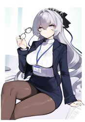 1girl absurdres black_pantyhose blue_skirt blue_vest breasts bronya_zaychik bronya_zaychik_(outstanding_attitude) bronya_zaychik_(silverwing:_n-ex) commentary_request drill_hair error1980 formal_clothes glasses grey_eyes grey_hair grey_sweater highres holding holding_removed_eyewear honkai_(series) honkai_impact_3rd id_card large_breasts long_hair office_lady official_alternate_costume pantyhose pencil_skirt sitting skirt solo suit sweater turtleneck turtleneck_sweater unworn_eyewear very_long_hair vest