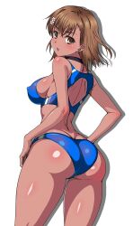 1girl ass back bare_arms bare_shoulders bikini black_choker blue_bikini blue_buruma blue_sports_bra blush breasts brown_eyes brown_hair buruma choker covered_erect_nipples dark_skin flower from_behind frozen_gingasan hair_flower hair_ornament hands_on_own_hips highres large_breasts looking_at_viewer looking_back medium_breasts medium_hair misaka_mikoto open_mouth shiny_skin sideboob simple_background solo sports_bikini sports_bra standing swimsuit tan thighs toaru_kagaku_no_railgun toaru_majutsu_no_index track_uniform variant_set white_background