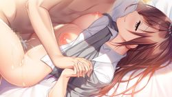 1boy 1girl ayase_hazuki bed_sheet bottomless boy_on_top breasts brown_hair censored closed_mouth clothed_female_nude_male clothes_lift cum dress_shirt game_cg grey_sweater half-closed_eyes hetero holding_hands interlocked_fingers large_breasts long_hair lying missionary mosaic_censoring nipples nude on_back open_clothes open_shirt sex shiny_skin shirt shirt_lift smile straight_hair sweater sweater_lift tachibana_iori vaginal very_long_hair white_shirt yellow_eyes yubisaki_connection