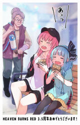 Rule 34 | 3girls, aikawa megumi, bench, black hat, blue eyes, food, granny aki (heaven burns red), hat, heaven burns red, highres, ice cream, ice cream sandwich, long hair, multiple girls, muratoamado, on bench, open mouth, pink hair, ribbon, rumi (heaven burns red), sitting, twitter username
