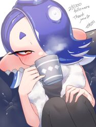 amakusa_setoka blue_hair blush cephalopod_eyes cup earrings highres jewelry multiple_earrings nintendo octoling one_eye_covered shiver_(splatoon) signature sitting splatoon_(series) splatoon_3 steam suction_cups tentacle_hair towel towel_around_neck