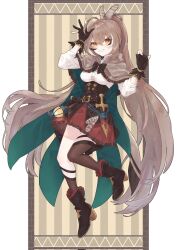 1girl ahoge ankle_boots belt boots brown_capelet brown_cloak brown_corset brown_eyes brown_hair capelet cloak corset dagger feather_hair_ornament feathers fingernails floating freedom_skeb full_body gloves grin hair_ornament hands_up hieroglyphics highres hololive hololive_english hood hooded_cloak kneehighs knife lantern long_hair looking_at_viewer multicolored_hair nanashi_mumei nanashi_mumei_(1st_costume) partially_fingerless_gloves pleated_skirt ponytail red_skirt ribbon shirt single_kneehigh single_sock single_thighhigh skirt smile socks streaked_hair striped_background thighhighs very_long_hair virtual_youtuber waving weapon white_shirt