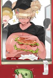 2girls 2others :p absurdres banknote baseball_cap black_shirt blonde_hair blunt_bangs bread_bun breast_lift breasts breasts_out clothes_lift commentary covered_eyes dark-skinned_female dark_skin double_bun ear_piercing employee_uniform english_commentary facing_viewer fast_food_uniform food food_on_body food_on_breasts gyaru hair_bun hair_ornament hair_over_eyes hairclip hat headset highres holding holding_money huge_breasts large_areolae lettuce lip_piercing meme memixz money motion_lines multiple_girls multiple_others nipple_piercing nipples no_eyes notice_lines original piercing pov pov_hands profanity receipt restaurant sandwich shirt shirt_lift short_hair short_sleeves solo_focus star_(symbol) sweat tinka_(tttinkaaaaa) tomato tomato_slice tongue tongue_out upper_body you&#039;re_doing_it_wrong your_order_is_ready_(meme)