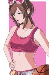 Rule 34 | 1girl, :o, ace attorney, alternate costume, amikoiiko, apollo justice: ace attorney, badge, ball, basketball (object), blue eyes, blush, breasts, brown hair, button badge, cleavage, collarbone, drawstring, ema skye, eyewear on head, fingernails, half updo, hand on own hip, highres, holding, holding ball, linea alba, long hair, looking down, navel, open mouth, pants, pink-tinted eyewear, pink background, pink lips, pink sports bra, pink string, simple background, solo, sports bra, sternocleidomastoid muscle, sunglasses, sweatdrop, tied drawstring, tinted eyewear, track pants, two-tone background, upper body, white background, white pants, white string