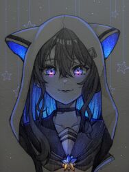 1girl animal_ears animal_hood artist_name blue_hair blush brooch cat_ears cat_hood choker closed_mouth collarbone cropped_torso crossed_bangs fake_animal_ears hair_between_eyes hashtag-only_commentary highres hololive hood hood_up hooded_jacket hoshimachi_suisei hoshimachi_suisei_(school_uniform) jacket jewelry long_hair looking_at_viewer nessue official_alternate_costume official_alternate_hair_length official_alternate_hairstyle partially_colored purple_eyes ringed_eyes sailor_collar smile solo star_(symbol) star_brooch straight-on virtual_youtuber white_jacket yellow_brooch
