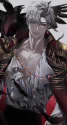1boy 1other absurdres black_feathers closed_mouth coat collarbone cowboy_shot earrings feathers fee1jo highres jewelry lips looking_to_the_side love_and_deepspace male_focus mephisto_(love_and_deepspace) parted_bangs pectorals red_eyes shirt short_hair solo sylus_(love_and_deepspace) white_hair