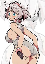 1girl ahoge ass ass_focus blue_eyes blush breasts elphelt_valentine from_behind gloves grabbing_own_ass guilty_gear guilty_gear_strive hairband hands_on_ass highres huge_ass itsuka_neru large_breasts leotard looking_back open_mouth short_hair sideboob simple_background spiked_hairband spikes sweatdrop thick_thighs thighs white_background white_hair