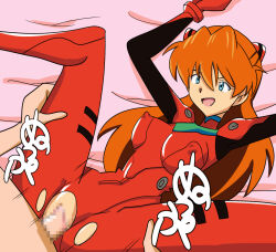 1boy 1girl bed_sheet bodysuit breasts brown_hair censored clothed_sex covered_erect_nipples cowboy_shot erection happy_sex hetero jaaaan long_hair looking_at_another mecha_pilot_suit medium_breasts missionary motion_lines neon_genesis_evangelion open_mouth penis plugsuit_(evangelion) pussy red_bodysuit sex shiny_clothes signature simple_background souryuu_asuka_langley spread_legs torn_bodysuit torn_clothes two_side_up very_long_hair