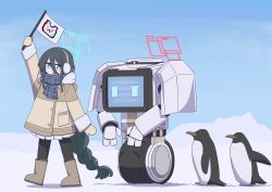 Rule 34 | 1girl, absurdres, animal, aqua eyes, aqua halo, aris (blue archive), aris (winter) (blue archive), bird, black hair, black pantyhose, blue archive, blue scarf, blue sky, boots, braid, brown boots, brown coat, brown mittens, buttons, coat, day, earmuffs, flag, full body, fur-trimmed coat, fur-trimmed sleeves, fur trim, hair between eyes, hair over shoulder, halo, hand up, highres, holding, holding flag, hood, hood down, hooded coat, kei (amas) (blue archive), light blush, long bangs, long hair, long hair between eyes, long sleeves, loosely tucked bangs, low-tied long hair, mittens, official alternate costume, official alternate hairstyle, open mouth, outdoors, pantyhose, penguin, plaid clothes, plaid scarf, pleated skirt, pocket, rectangular halo, red halo, robot, scarf, screen, single braid, skirt, sky, snow, tokuchi919, very long hair, walking, wheel, white skirt, winter clothes