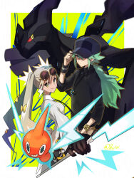 1boy 1girl baseball_cap black_gloves black_headwear black_shirt bow closed_mouth collared_shirt colored_sclera crossover earrings electric_miku_(project_voltage) electricity eyewear_on_head gen_4_pokemon gen_5_pokemon gloves green_eyes green_hair grey_hair hair_between_eyes hair_bow hand_on_headwear hat hatsune_miku highres hii_(hii101) holding jewelry legendary_pokemon long_hair looking_at_viewer n_(pokemon) necklace nintendo poke_ball pokemon pokemon_(creature) pokemon_masters_ex project_voltage red_sclera rotom rotom_(normal) round_eyewear shirt simple_background sunglasses twitter_username vocaloid white_shirt yellow_bow yellow_eyes zekrom