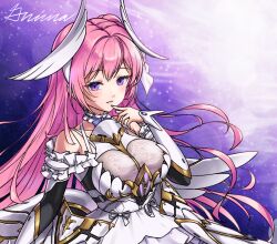 1girl abstract_background armored_bodysuit artist_name breasts choker collarbone dorothy_(nikke) dress finger_to_mouth flower-shaped_hair frilled_dress frills goddess_of_victory:_nikke gold_trim grimaisbestwaifu hair_bun horns large_breasts light_blush long_hair looking_at_viewer mechanical_horns mechanical_wings parted_lips pink_hair purple_background purple_eyes purple_ribbon ribbon shiny_eyes signature single_side_bun solo upper_body very_long_hair white_dress wings