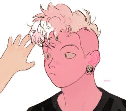 2boys :&lt; black_shirt blush chloe_k13 colored_skin commentary curly_hair dated earrings english_commentary imminent_headpat jewelry laramie_barriga looking_at_another male_focus mohawk multiple_boys nose_blush pink_hair pink_skin plug_(piercing) portrait raised_eyebrows scar scar_across_eye scar_on_face shirt skull_earrings solo_focus spoilers steven_quartz_universe steven_universe white_background