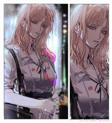 1girl bag bang_dream! bang_dream!_it&#039;s_mygo!!!!! banknote black_ribbon blue_eyes blurry blurry_background border brown_hair chinese_commentary closed_mouth commentary_request crying crying_with_eyes_open dress glitch long_hair money nagasaki_soyo neck_ribbon open_mouth puffy_short_sleeves puffy_sleeves ribbon school_bag school_uniform short_sleeves siy_(shengxiu760722) tears translated tsukinomori_school_uniform watermark weibo_watermark white_border white_dress