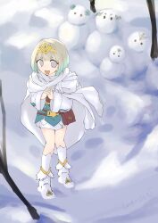 1girl blue_hair feather_trim fire_emblem fire_emblem_heroes gradient_hair highres long_sleeves multicolored_hair nintendo short_hair snowman studio_sugimoto tiara white_hair ylgr_(fire_emblem)