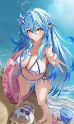 1girl absurdres ahoge barefoot beach bikini blue_hair breasts elf full_body gyaru_v heart heart_ahoge highres holding holding_swim_ring hololive innertube large_breasts ocean pointy_ears raised_eyebrows revision side-tie_bikini_bottom solo_focus standing sun_glare swim_ring swimsuit v virtual_youtuber wet white_bikini winvita yellow_eyes yukihana_lamy yukimin_(yukihana_lamy)