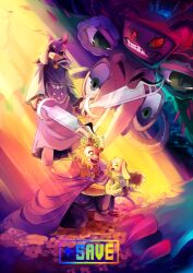 3boys armor asgore_dreemurr asriel_dreemurr asriel_dreemurr_(god_of_hyperdeath) beard black_sclera blonde_hair cape colored_sclera commentary crown dual_wielding english_commentary english_text facial_hair father_and_son flower_bed furry furry_male grin holding holding_sword holding_weapon hug looking_at_another lukyyuki multiple_boys open_mouth photoshop_flowey purple_cape purple_robe robe smile sword undertale weapon white_fur yellow_petals