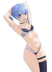 1girl absurdres arms_up black_choker blue_bra blue_eyes blue_hair blue_nails blue_panties bra breasts carlo_montie choker commentary english_commentary hair_tie_in_mouth highres hololive hoshimachi_suisei looking_at_viewer mouth_hold navel panties single_thighhigh small_breasts solo star_(symbol) star_choker star_in_eye stomach symbol_in_eye thigh_strap thighhighs thighs tying_hair underwear underwear_only virtual_youtuber
