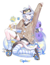 Rule 34 | 1girl, absurdres, ahoge, animal ear fluff, animal ears, arm up, asymmetrical legwear, black shorts, blue eyes, blue hair, blue socks, blue thighhighs, brown cardigan, brown slippers, cardigan, cat ears, cat girl, cat tail, character name, cipher (honkai: star rail), cipher (sweet slumber) (honkai: star rail), commentary request, domyo, fang, full body, highres, honkai: star rail, honkai (series), korean commentary, long sleeves, medium hair, nail polish, one eye closed, open mouth, outstretched arm, shorts, simple background, sitting, slippers, socks, solo, stretching, striped clothes, striped socks, striped thighhighs, tail, thighhighs, uneven legwear, white background, yawning, yellow nails