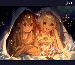 2girls black_hair blonde_hair blue_bow blush bow cellphone chinese_commentary chips_(food) commentary_request dated dkl_(dinosaurkl2) earphones flower food frilled_shirt frills hair_between_eyes hair_bow highres inoue_takina jewelry letterboxed long_hair long_sleeves looking_at_viewer lycoris_recoil multiple_girls necklace nishikigi_chisato off-shoulder_shirt off_shoulder open_mouth pajamas phone purple_eyes red_eyes shared_earphones shirt short_hair sidelocks smartphone spider_lily teeth upper_teeth_only white_shirt