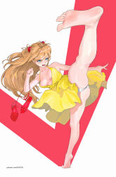 1girl amatiz barefoot blue_eyes dress feet high_kick highres kicking long_hair neon_genesis_evangelion open_mouth panties pantyshot shoes soles souryuu_asuka_langley toes underwear unworn_shoes