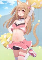1girl absurdres animal_ears arm_up armpits bike_shorts blue_sky breasts brown_hair cat_ears cat_girl cat_tail cheerleader cloud commentary_request day highres hinata_(user_rjkt4745) holding holding_pom_poms long_hair looking_at_viewer medium_breasts original outdoors pink_skirt pom_pom_(cheerleading) pom_poms red_eyes skirt sky solo standing standing_on_one_leg tail two_side_up underboob