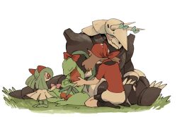 Rule 34 | 1girl, aggron, bandana, bike shorts, black socks, blue bow, blue eyes, bow, brown hair, claws, colored skin, creatures (company), game freak, gen 3 pokemon, grass, green hair, green skin, grovyle, horns, kirlia, mashita. (mentaiko omoti), may (pokemon), multicolored skin, nintendo, on grass, pink eyes, pokemon, pokemon (creature), pokemon rse, red bow, red shirt, shirt, sidelocks, socks, two-tone skin, white skin