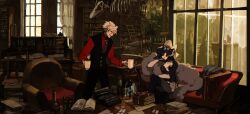 1boy 1girl animal_ears book book_stack bookshelf couch cup dust_girl fox_ears fox_girl fox_tail highres holding holding_cup indoors ladder living_room open_book original red_shirt scenery shirt tail window