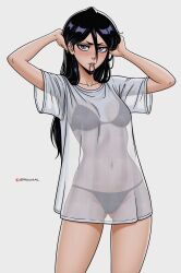 Rule 34 | 1girl, absurdres, ai-assisted, alternate hairstyle, artist name, bikini, black hair, bleach, bleach: sennen kessen-hen, blush, breasts, collarbone, female focus, fixing hair, highres, kuchiki rukia, long hair, long shirt, patreon username, prixmal, see-through clothes, simple background, small breasts, standing, swimsuit