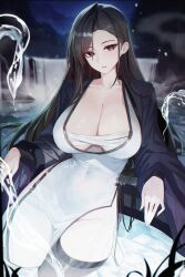 1girl absurdres black_eyes black_hair breasts budget_sarashi cleavage collarbone commentary_request covered_navel dress highres korean_commentary large_breasts long_hair long_sleeves looking_at_viewer no_panties open_mouth original orn pelvic_curtain sarashi single_thighhigh solo steam thighhighs thighs very_long_hair water white_dress wide_sleeves